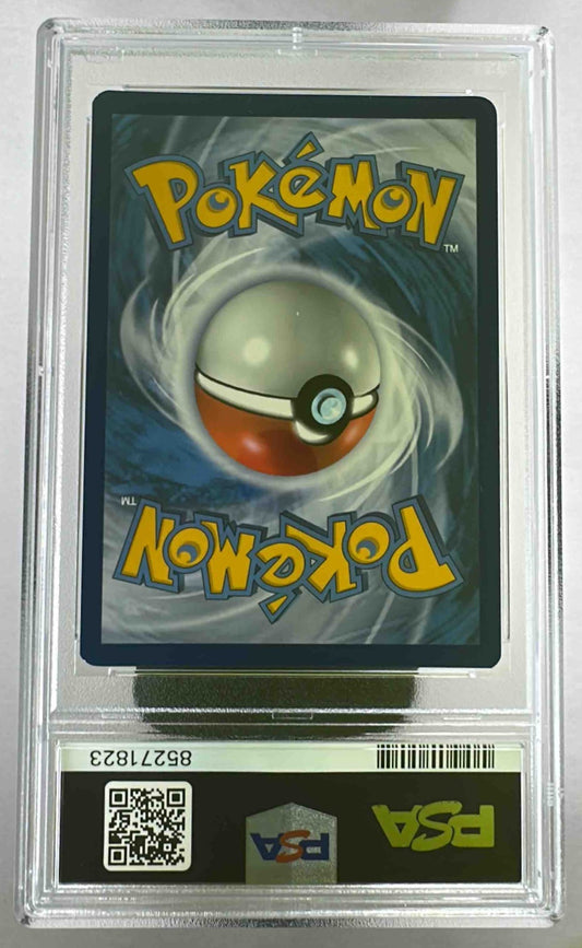The back of a graded Pokemon card in a protective PSA plastic slab.