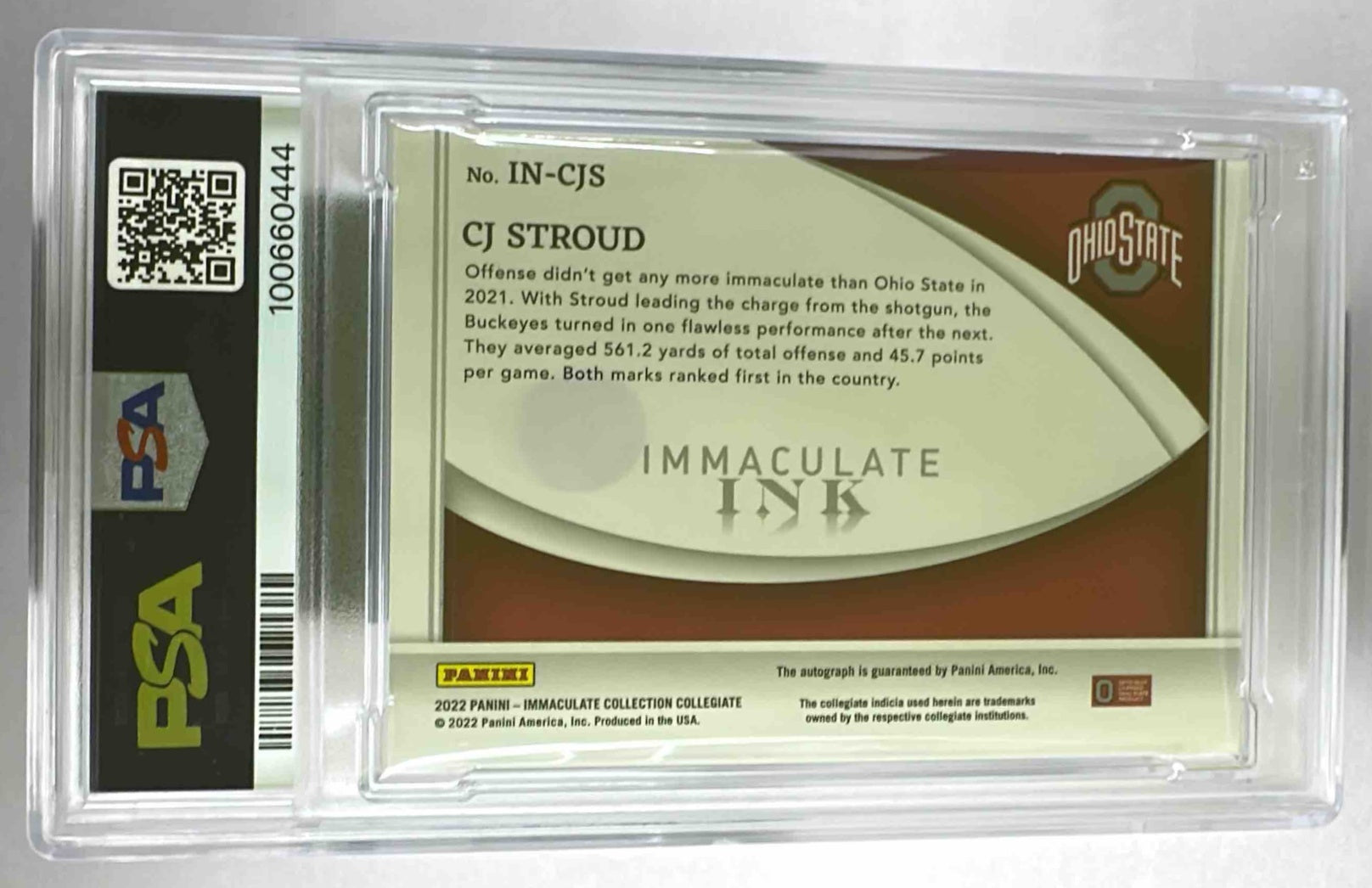 The back of a graded 2022 Panini Immaculate Collegiate C.J. Stroud autograph card in a PSA slab.