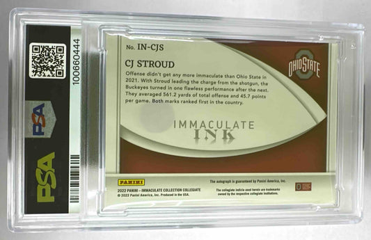 The back of a graded 2022 Panini Immaculate Collegiate C.J. Stroud autograph card in a PSA slab.