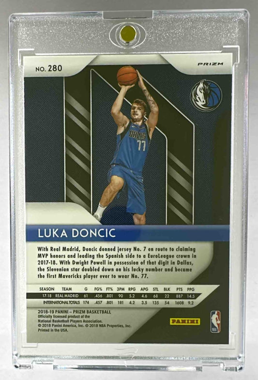 Back of a 2018-19 Panini Prizm Luka Doncic rookie card in a protective plastic case.