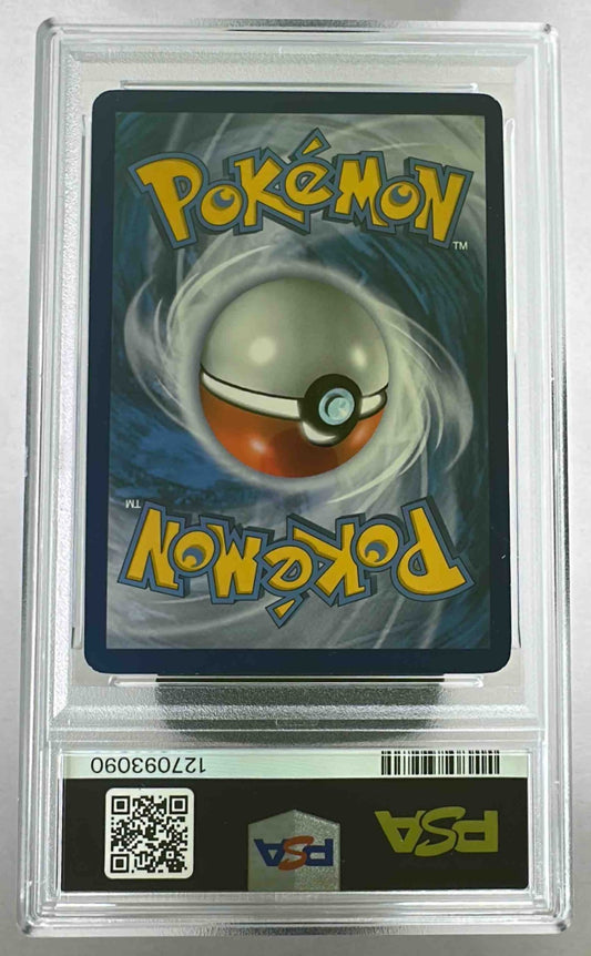 The back of a 2014 Pokemon XY Flashfire Mega Charizard card graded PSA 7 in a plastic slab.