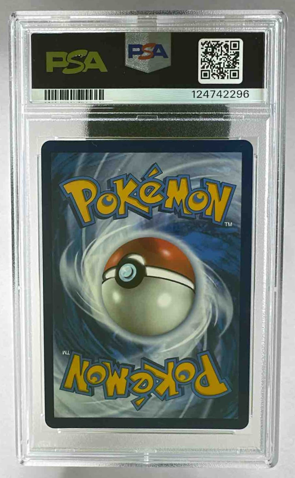 The back of a graded PSA 10 Pokemon card featuring the classic blue and white card design.