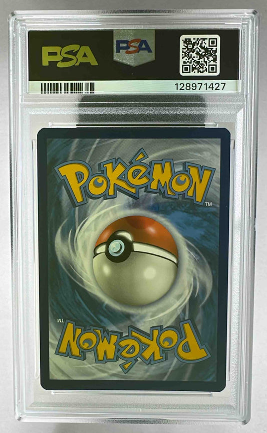 The back of a PSA 9 graded 2019 Pokemon Sword and Shield Charizard promo card in a plastic case.