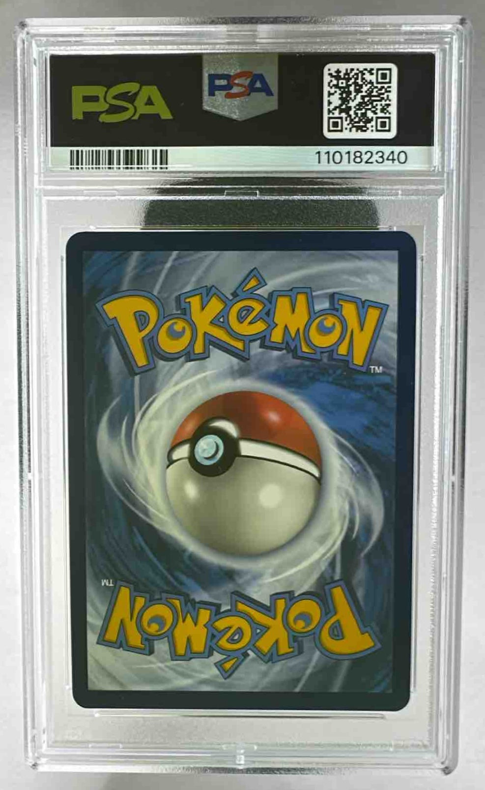 The back of a PSA 10 graded 2024 Pokemon Surging Sparks Pikachu Ex card in a plastic slab.