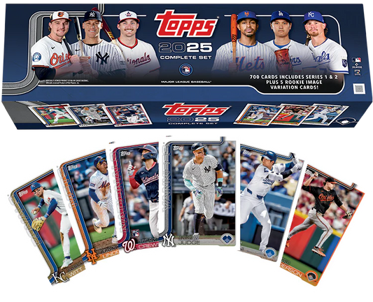 A 2025 Topps baseball complete set box featuring player imagery and sample trading cards.