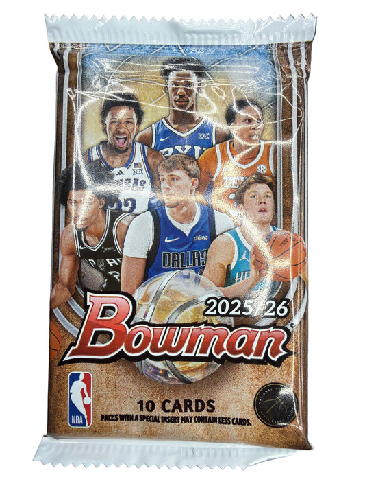 A 2025-26 Topps Bowman basketball card pack featuring a collage of players on the front.
