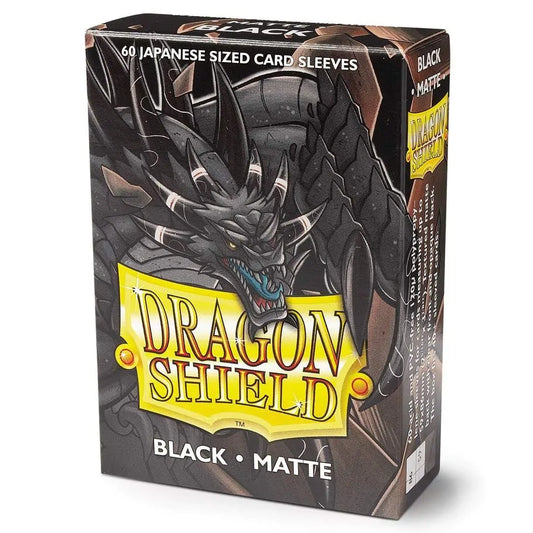 A box of 60 black matte Japanese-sized card sleeves featuring a dragon illustration.