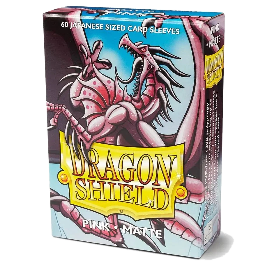A box of 60 Dragon Shield Japanese size matte pink card sleeves featuring a dragon illustration.