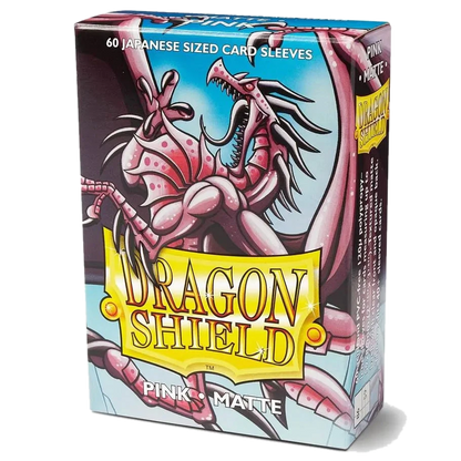 A box of 60 Dragon Shield Japanese size matte pink card sleeves featuring a dragon illustration.