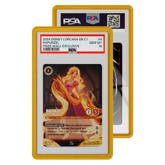 A PSA-graded Rapunzel Lorcana card displayed inside a protective amber-tinted display case.