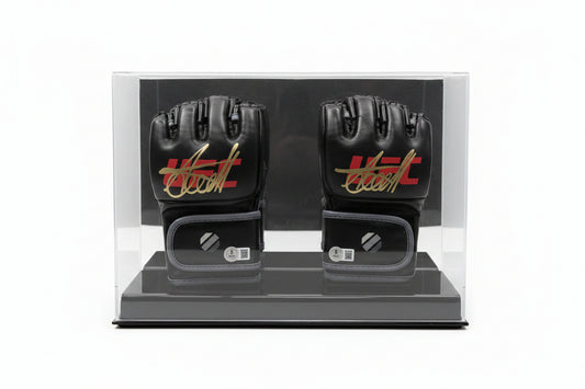 A pair of black Arman Tsarukyan signature MMA gloves displayed in a clear protective case.