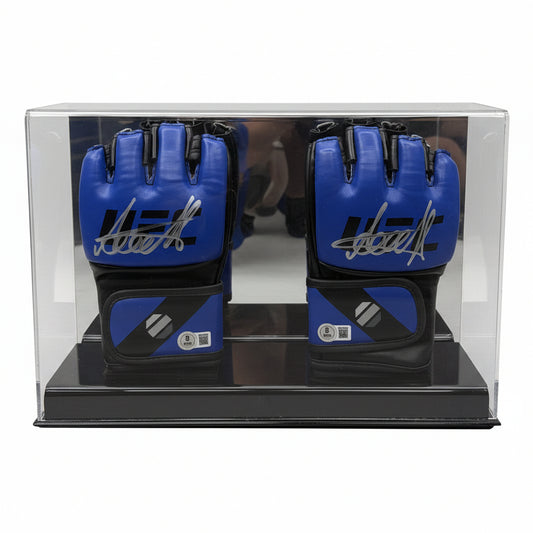 A pair of blue Arman Tsarukyan signature MMA gloves displayed in a clear acrylic case.