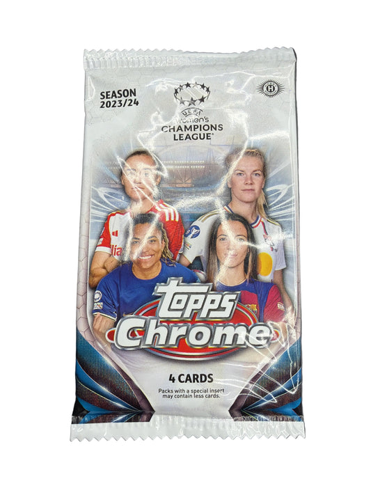 A 2023-24 Topps Chrome UEFA Women's Champions League soccer hobby pack featuring four cards.