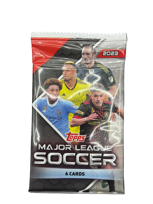 A sealed 2023 Topps Chrome Major League Soccer trading card pack featuring three players.