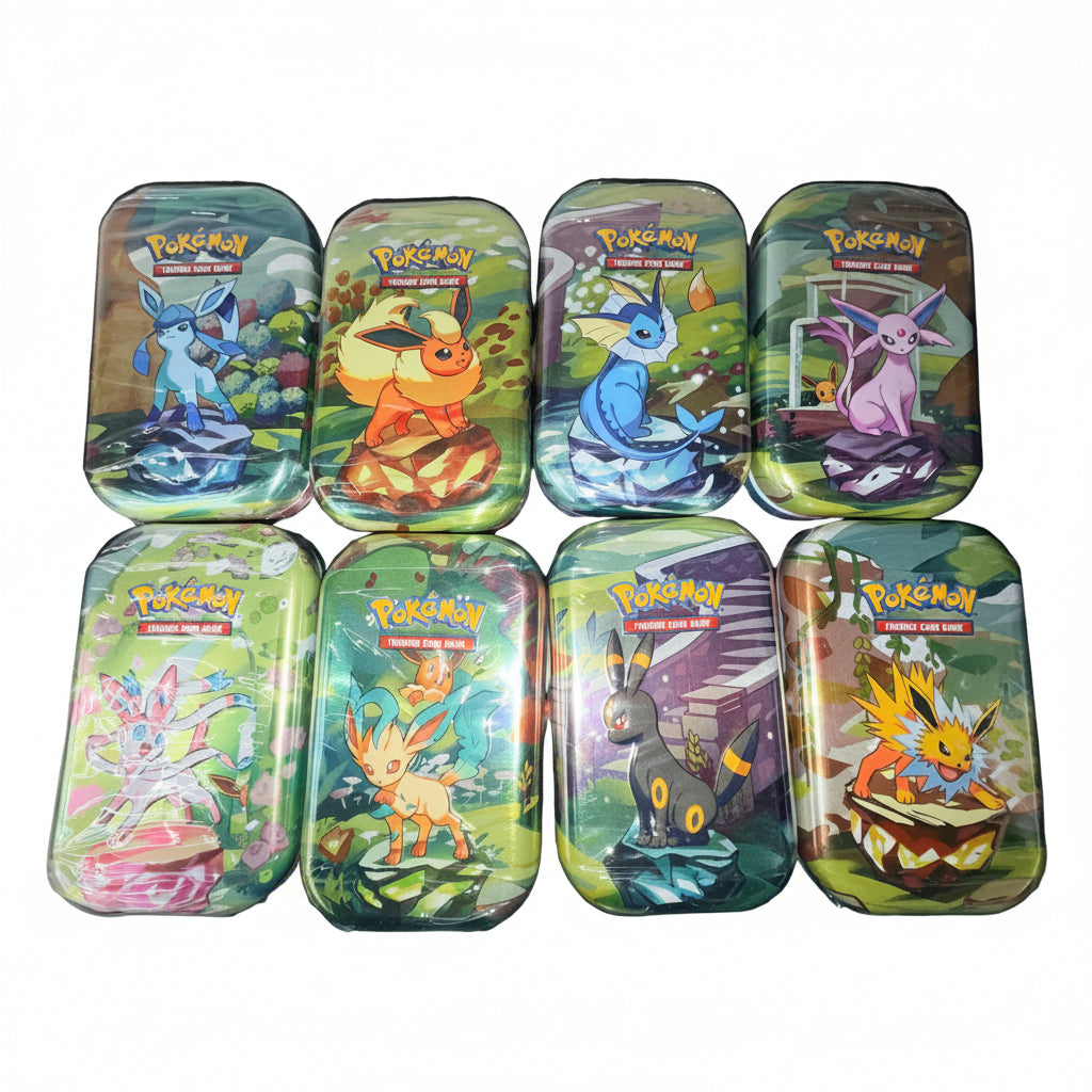 Eight Prismatic Evolutions mini tins featuring different Eevee evolutions arranged in two rows.