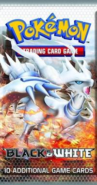 A Pokemon Black and White booster pack featuring Reshiram on the front.