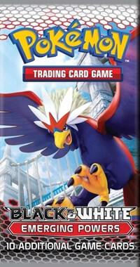 A Pokemon Black and White Emerging Powers booster pack featuring Braviary on the front.