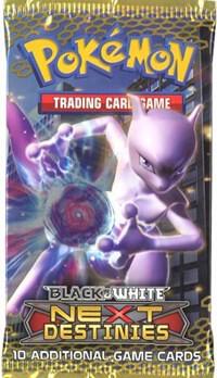 A Pokemon Next Destinies booster pack featuring Mewtwo on the front packaging.