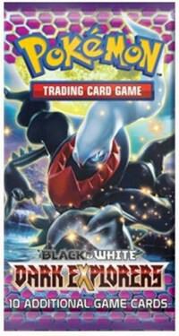 A Pokemon Dark Explorers booster pack featuring Darkrai on the purple and black packaging.