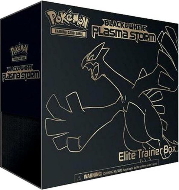 A black Pokemon Plasma Storm Elite Trainer Box featuring a gold outline of Lugia.