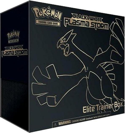 A black Pokemon Plasma Storm Elite Trainer Box featuring a gold outline of Lugia.