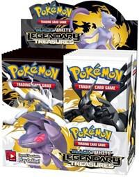A sealed Pokemon Legendary Treasures booster box featuring artwork of Mewtwo and Zekrom.