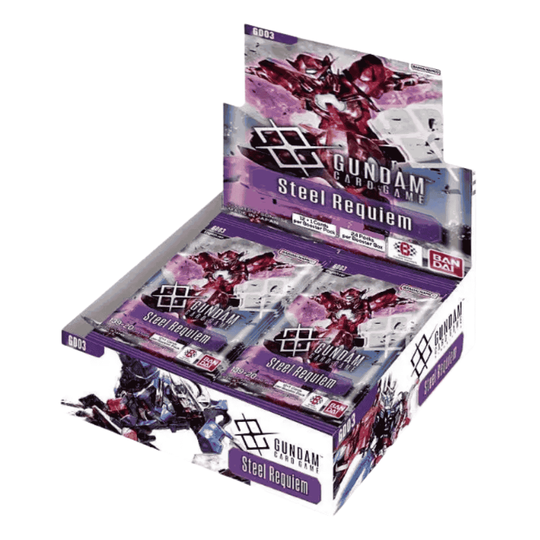 A Bandai Gundam Card Game Steel Requiem booster box containing twenty-four packs of trading cards.