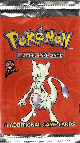 A sealed Pokemon Base Set 2 booster pack featuring Mewtwo on the red packaging.