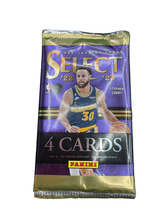 A 2022-23 Panini Select basketball trading card pack featuring Stephen Curry on the wrapper.