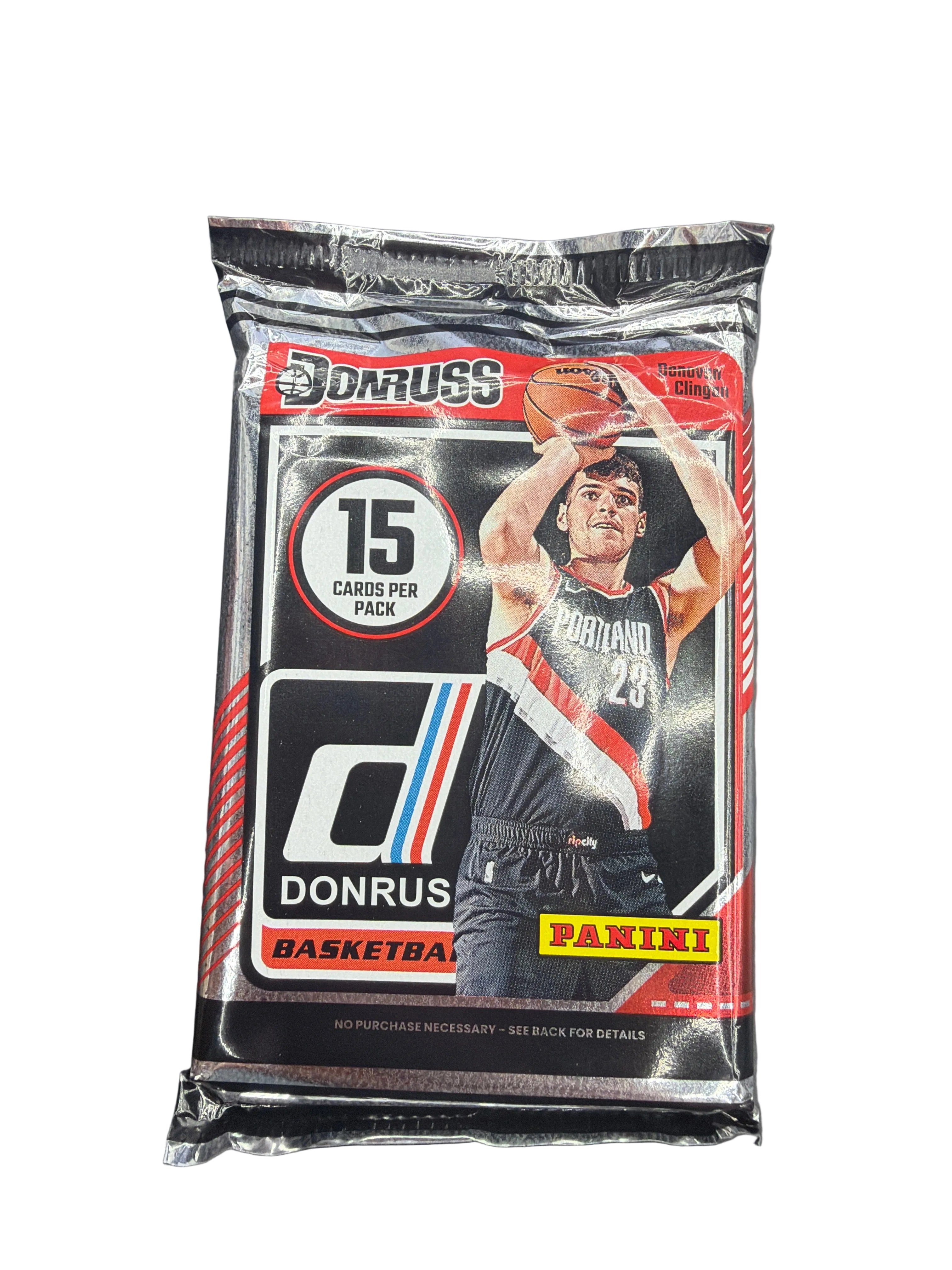 A sealed 2024-25 Donruss basketball trading card pack featuring Donovan Clingan on the front.
