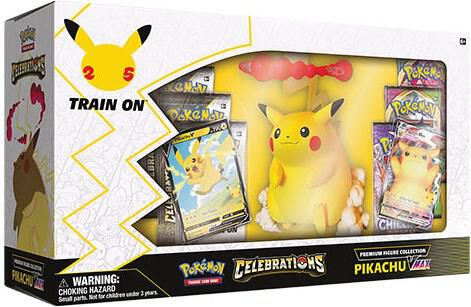 A Pokemon Celebrations Premium Figure Collection box featuring a Pikachu VMAX figure and cards.