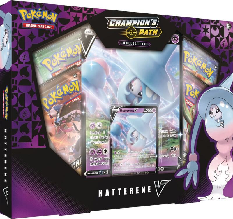 A Champion's Path collection box featuring a Hatterene V promo card and booster packs.