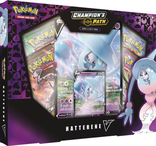 A Champion's Path collection box featuring a Hatterene V promo card and booster packs.
