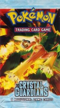 A Pokemon Crystal Guardians booster pack featuring Blaziken artwork on the front.