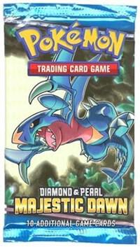 A sealed Pokemon Majestic Dawn booster pack featuring Garchomp on the blue packaging.