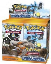 A sealed Pokemon Legends Awakened booster box featuring Lucario artwork on the packaging.