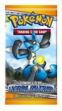 A sealed Pokemon Legends Awakened booster pack featuring Lucario on the front.
