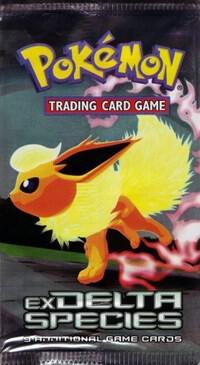 A sealed Pokemon Delta Species booster pack featuring Flareon on the front.
