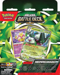 A Meowscarada ex Deluxe Battle Deck box featuring Meowscarada ex and Radiant Alakazam cards.