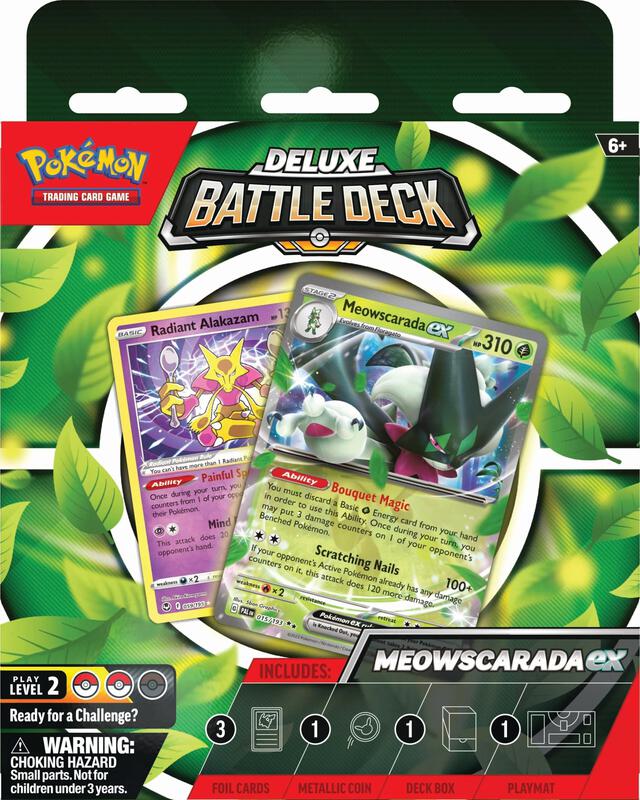 A Meowscarada ex Deluxe Battle Deck box featuring Meowscarada ex and Radiant Alakazam cards.