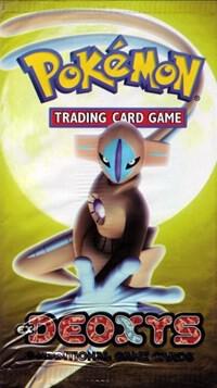 A sealed Pokemon Deoxys booster pack featuring the legendary Pokemon on a green background.