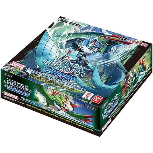 A Digimon Liberator booster box featuring artwork of a digital monster on the packaging.