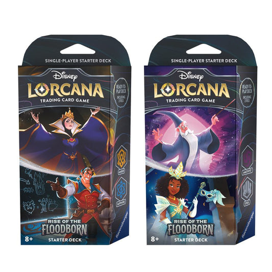 Two Disney Lorcana Rise of the Floodborn starter decks featuring different character artwork.