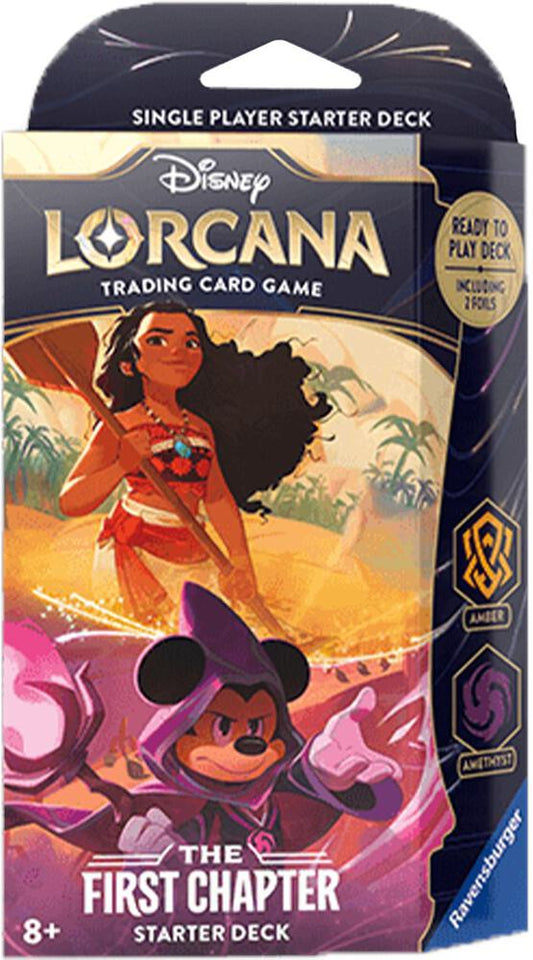 Disney Lorcana The First Chapter starter deck featuring Moana and Mickey Mouse in Amber and Amethyst.