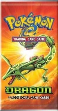 A sealed Pokemon EX Dragon booster pack featuring Rayquaza on the orange packaging.