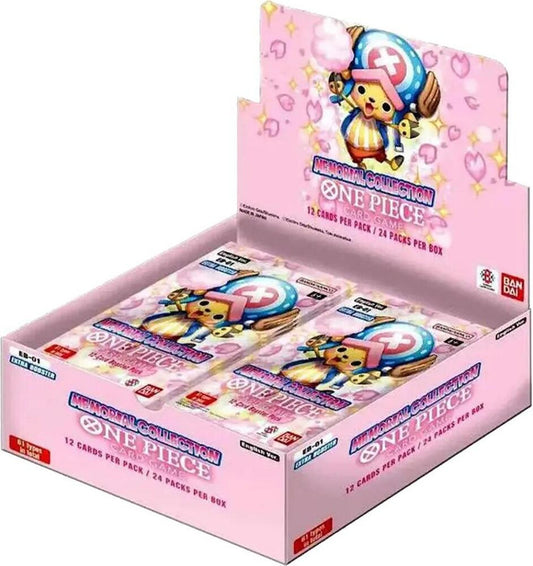 A pink One Piece Memorial Collection booster box featuring Tony Tony Chopper on the packaging.