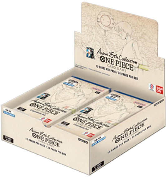 A One Piece Anime 25th Collection booster box containing multiple packs of trading cards.