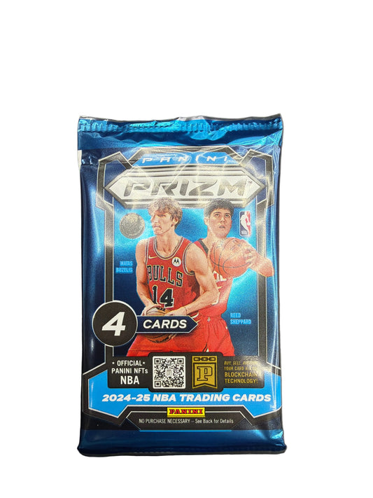 A 2024-25 Panini Prizm basketball trading card pack featuring Matas Buzelis and Reed Sheppard.