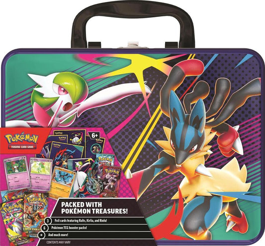 A purple Pokemon collector chest featuring Mega Gardevoir and Mega Lucario on the front.