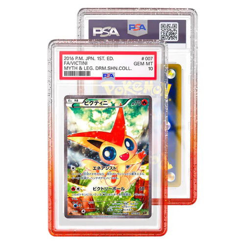 A vibrant red and orange gradient display case protecting a PSA-graded Victini Pokemon card.